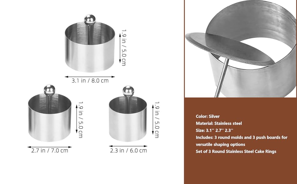 Set of 3 Stainless Steel Sushi Tower Mold, Round Mousse Cake Ring Molds with Pushers, Tuna Tartare Mold Ring for Home Kitchen Use