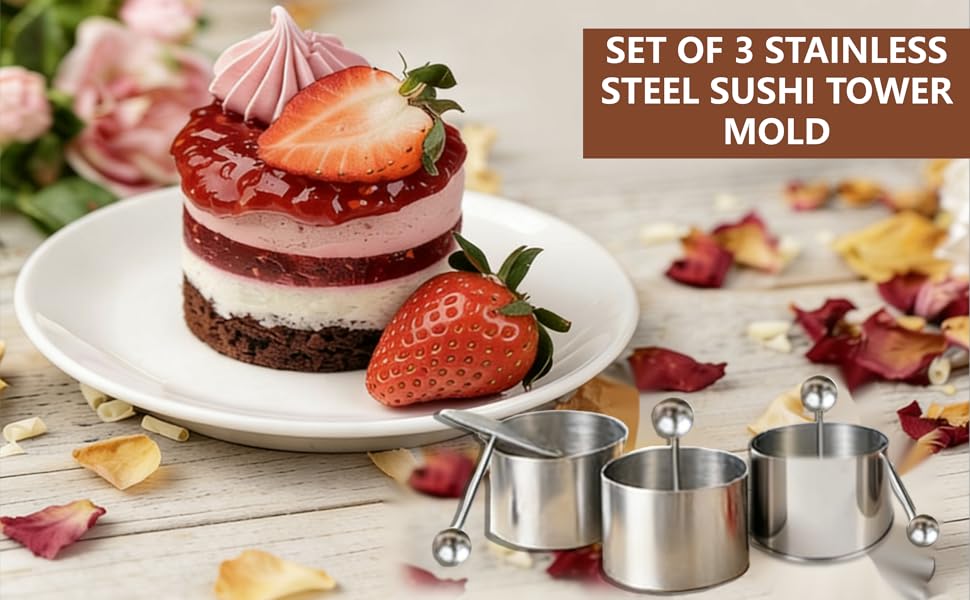 Set of 3 Stainless Steel Sushi Tower Mold, Round Mousse Cake Ring Molds with Pushers, Tuna Tartare Mold Ring for Home Kitchen Use