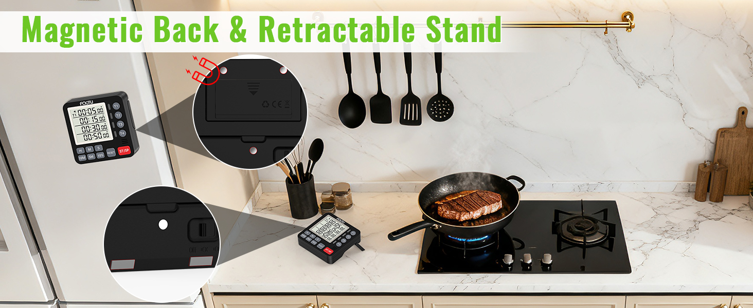 FCXJTU Digital Dual Kitchen Timer, 4-Channel Magnetic Countdown Timer for Cooking, On/Off, Large Display Multi Food Loud Alarm Silent for Classroom Seniors Battery Included (Black)