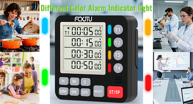 FCXJTU Digital Dual Kitchen Timer, 4-Channel Magnetic Countdown Timer for Cooking, On/Off, Large Display Multi Food Loud Alarm Silent for Classroom Seniors Battery Included (Black)