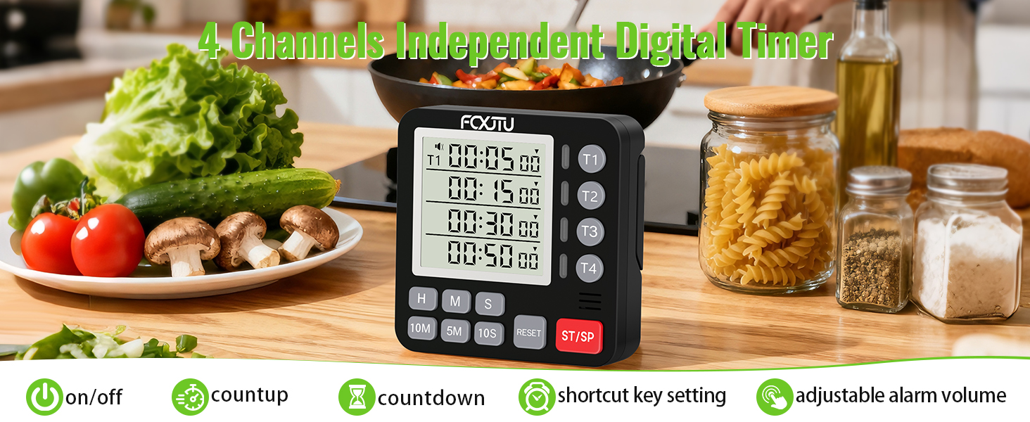 FCXJTU Digital Dual Kitchen Timer, 4-Channel Magnetic Countdown Timer for Cooking, On/Off, Large Display Multi Food Loud Alarm Silent for Classroom Seniors Battery Included (Black)
