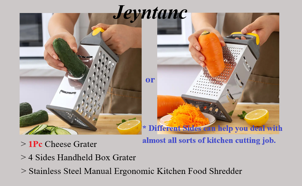Cheese Grater, 4 Sides Handheld Box Grater, Manual Ergonomic Kitchen Food Shredder, Multi-Function Vegetable Slicer for Carrot, Veggie, Potato(COLOR:silver)