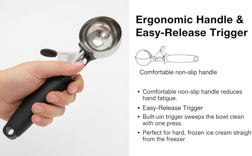Stainless Steel Ice Cream Scoop with Trigger, 4.5 oz (130ml) Cookie & Dough Scooper, Black Ergonomic Handle for Easy Scooping and Release