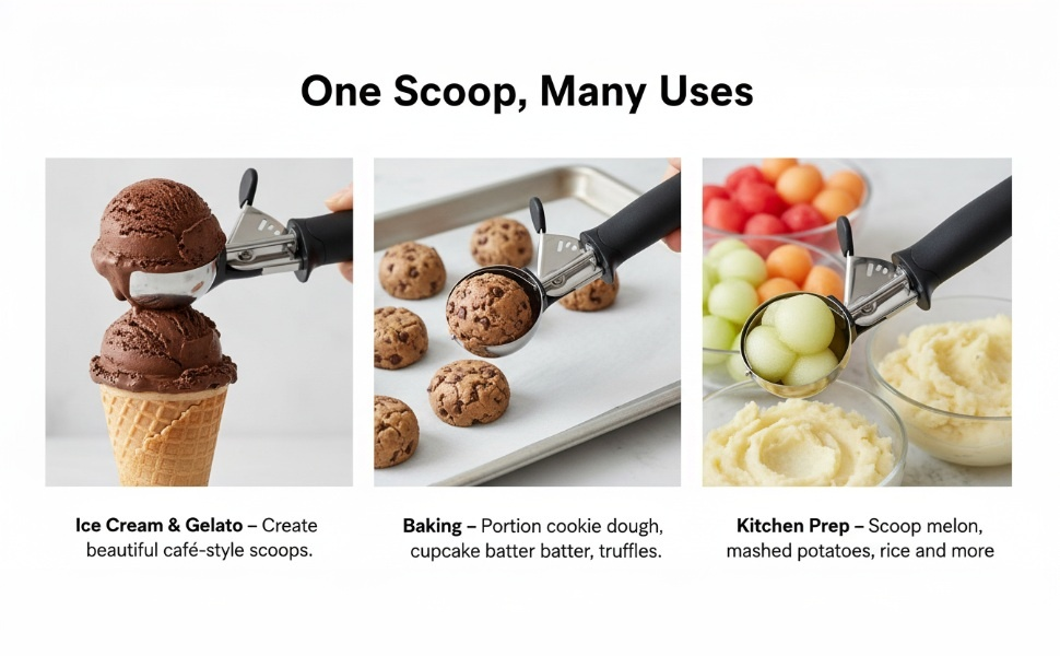 Stainless Steel Ice Cream Scoop with Trigger, 4.5 oz (130ml) Cookie & Dough Scooper, Black Ergonomic Handle for Easy Scooping and Release