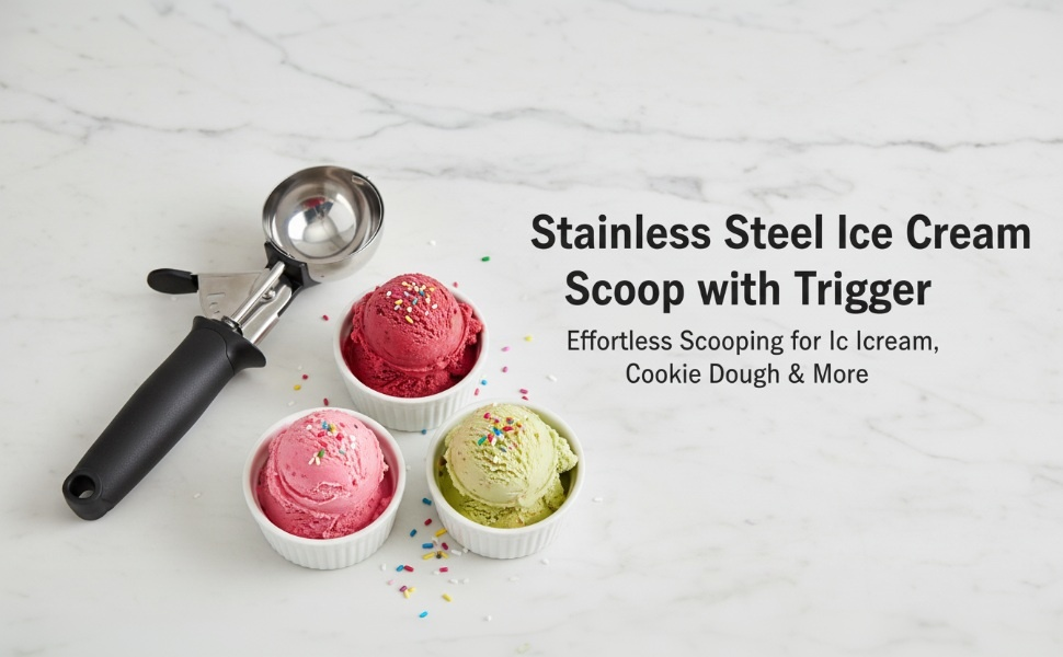 Stainless Steel Ice Cream Scoop with Trigger, 4.5 oz (130ml) Cookie & Dough Scooper, Black Ergonomic Handle for Easy Scooping and Release