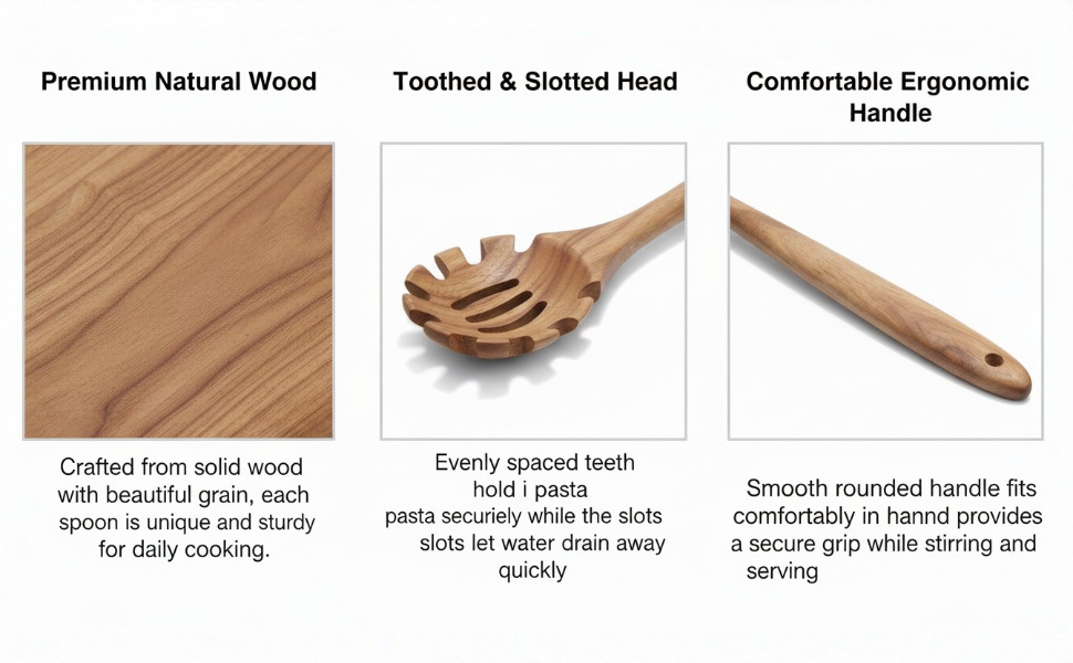 Wooden Pasta Spoon with Teeth, 12.5 Inch Spaghetti Fork Server Utensil for Cooking Serving Collecting, Durable Acacia Wood Noodle Strainer Spoon, Kitchen Tool for Pasta Eggs and Sauces