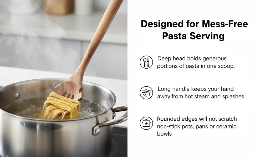 Wooden Pasta Spoon with Teeth, 12.5 Inch Spaghetti Fork Server Utensil for Cooking Serving Collecting, Durable Acacia Wood Noodle Strainer Spoon, Kitchen Tool for Pasta Eggs and Sauces