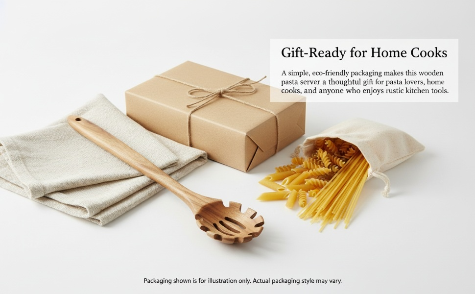 Wooden Pasta Spoon with Teeth, 12.5 Inch Spaghetti Fork Server Utensil for Cooking Serving Collecting, Durable Acacia Wood Noodle Strainer Spoon, Kitchen Tool for Pasta Eggs and Sauces