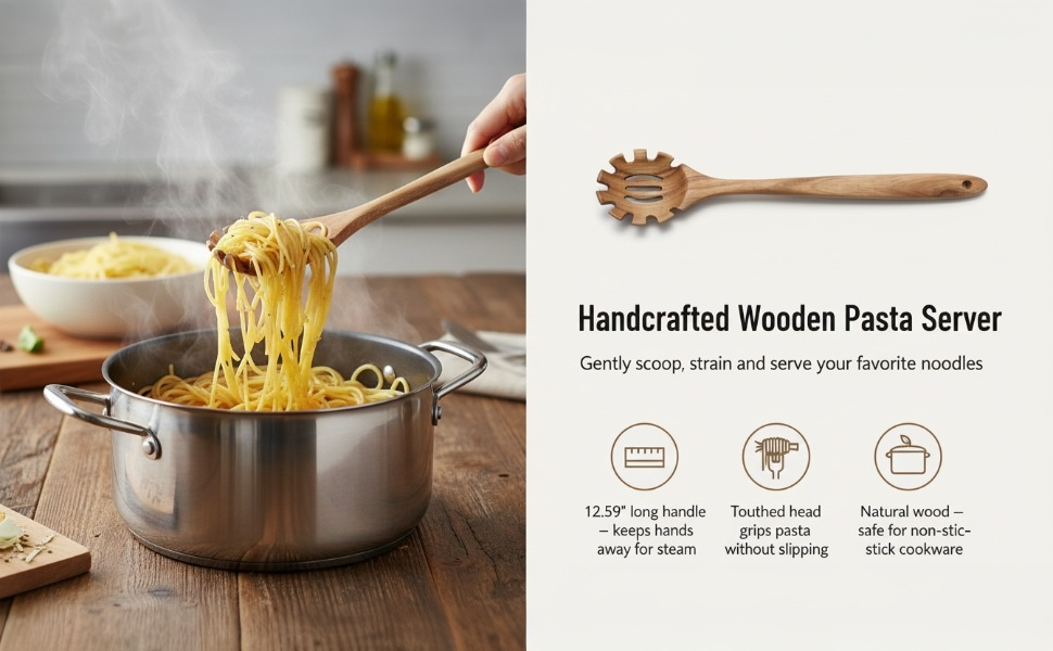 Wooden Pasta Spoon with Teeth, 12.5 Inch Spaghetti Fork Server Utensil for Cooking Serving Collecting, Durable Acacia Wood Noodle Strainer Spoon, Kitchen Tool for Pasta Eggs and Sauces