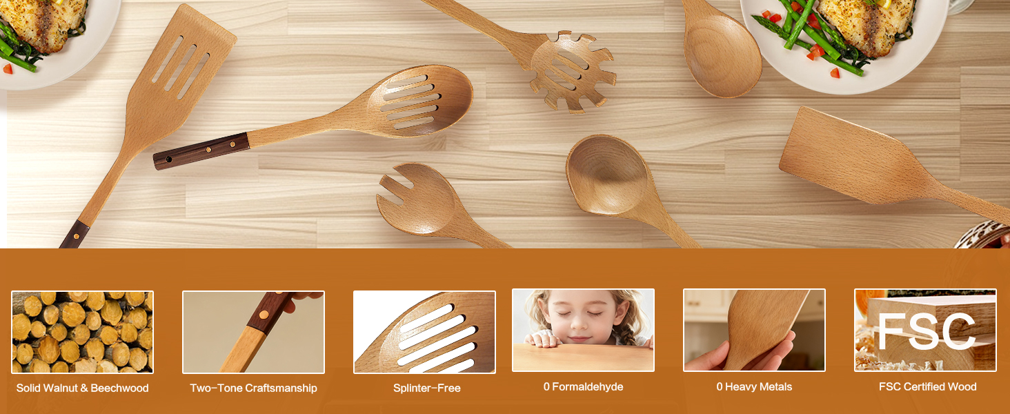 Wooden Spoons Set 7-Piece, Two-Tone Walnut & Beech Utensils, Elegant Non-Stick Kitchen Tools, Heat Resistant Cooking Gift Set with Pasta Spoon & Skimmer