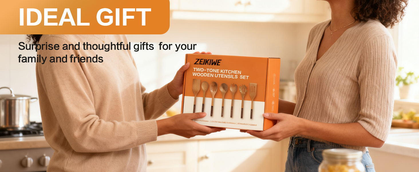 Wooden Spoons Set 7-Piece, Two-Tone Walnut & Beech Utensils, Elegant Non-Stick Kitchen Tools, Heat Resistant Cooking Gift Set with Pasta Spoon & Skimmer