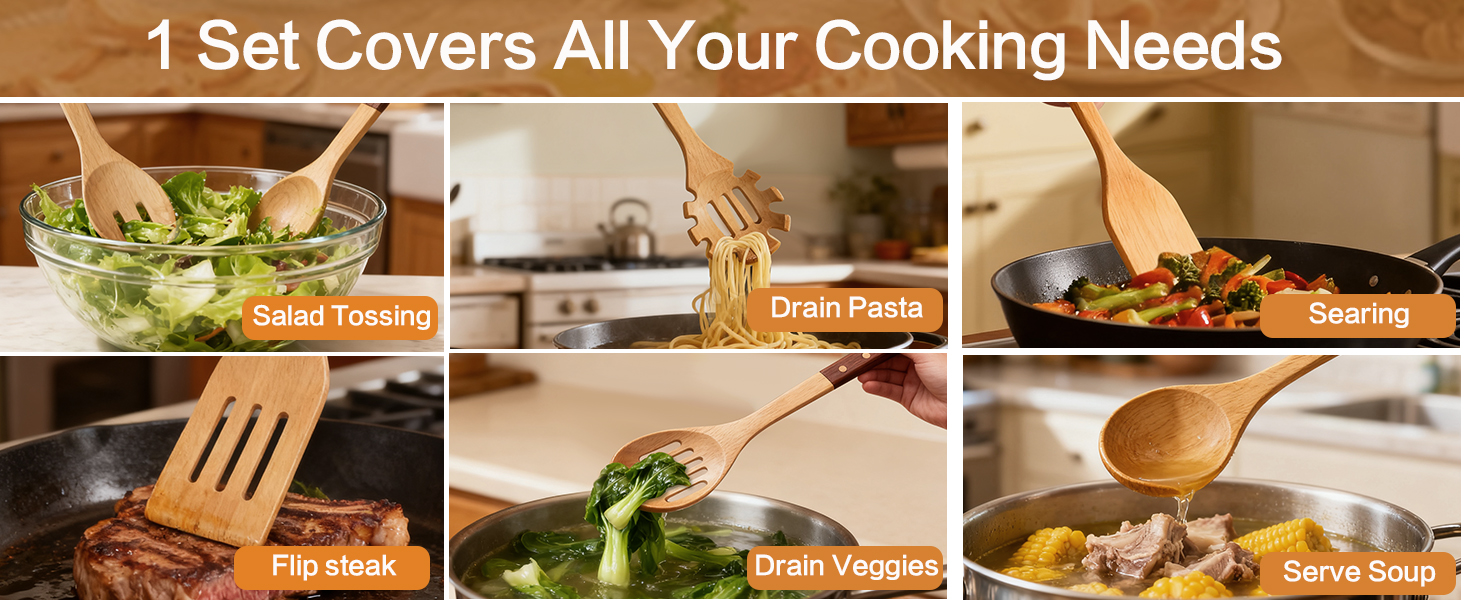 Wooden Spoons Set 7-Piece, Two-Tone Walnut & Beech Utensils, Elegant Non-Stick Kitchen Tools, Heat Resistant Cooking Gift Set with Pasta Spoon & Skimmer