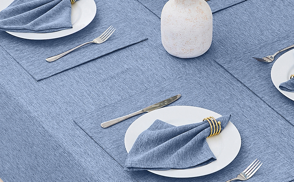Cloth Place Mats Set of 8–Reusable Rectangular Waterproof Fabric Polyester Washable Wipeable Heat Resistant Linen for Kitchen Dining Dinner Restaurant Wedding Table(Denim blue/13x19 Inch)
