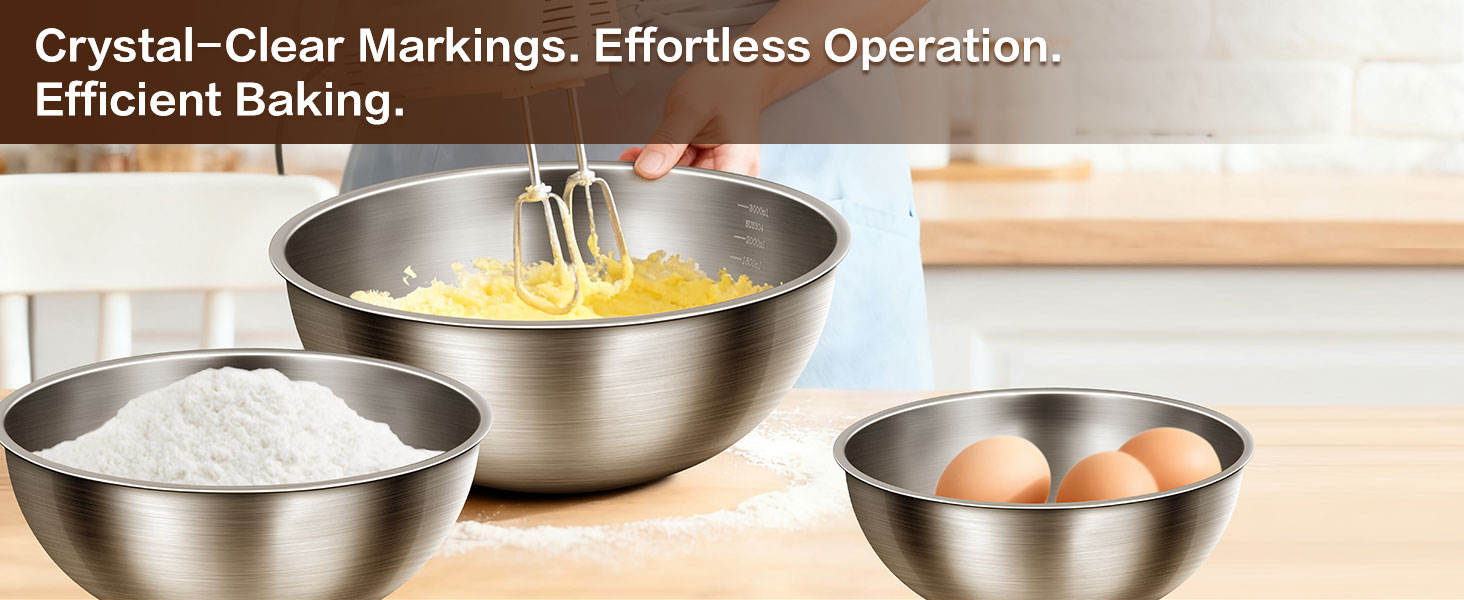 3-Piece Stainless Steel Mixing Bowls Set, 1.45, 2.22 & 3.38 Qt with Measurement Marks, Food Grade 304, Dishwasher Safe & Stackable for Baking, Tossing Salads, and Meal Prep for Your Kitchen