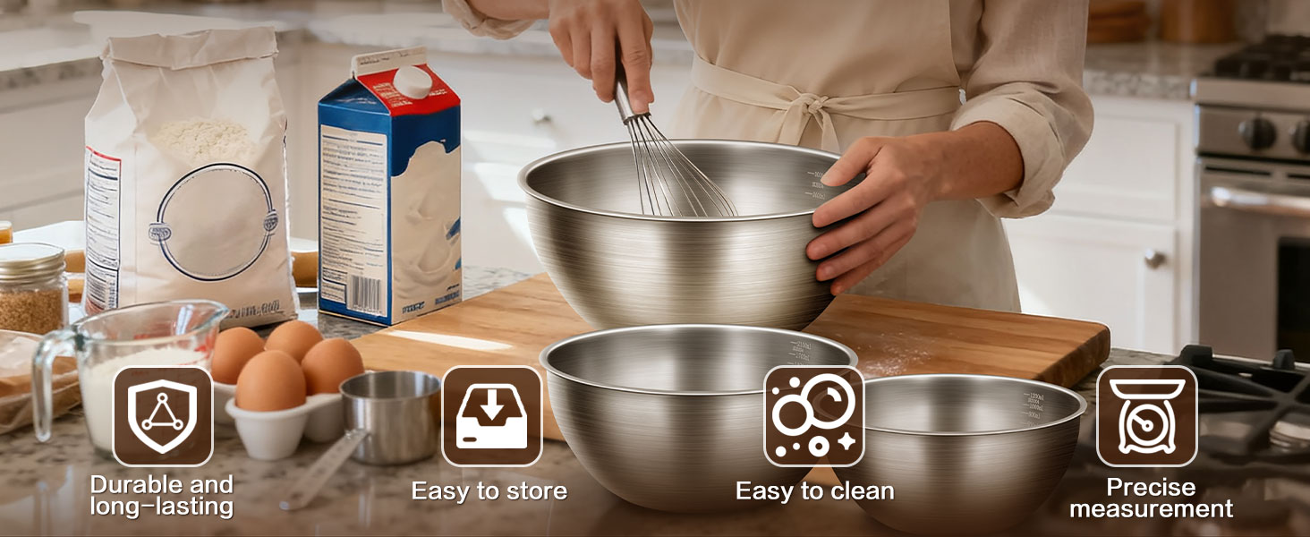 3-Piece Stainless Steel Mixing Bowls Set, 1.45, 2.22 & 3.38 Qt with Measurement Marks, Food Grade 304, Dishwasher Safe & Stackable for Baking, Tossing Salads, and Meal Prep for Your Kitchen