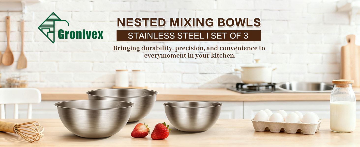 3-Piece Stainless Steel Mixing Bowls Set, 1.45, 2.22 & 3.38 Qt with Measurement Marks, Food Grade 304, Dishwasher Safe & Stackable for Baking, Tossing Salads, and Meal Prep for Your Kitchen