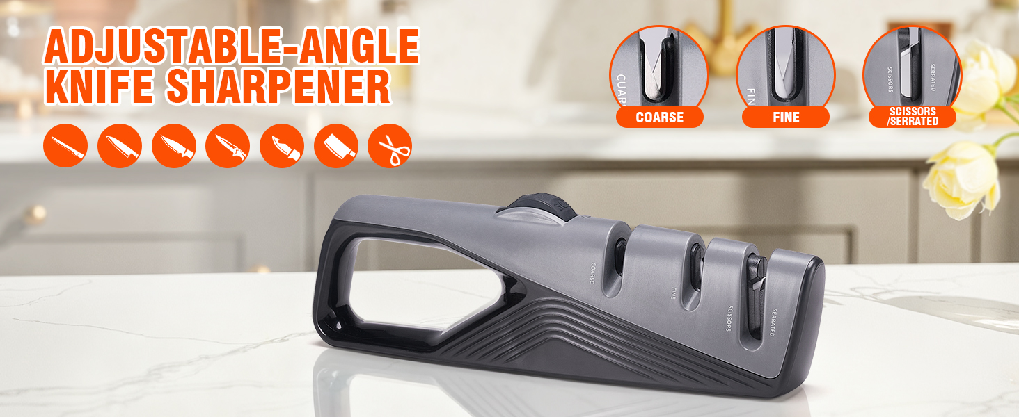 Knife Sharpener with 5 Adjustable Angle, Coarse & Fine Knife Sharpener Tool, Handheld Manual Knives Sharpener for All Knives Including Kitchen Knives, Pocket, Scissors