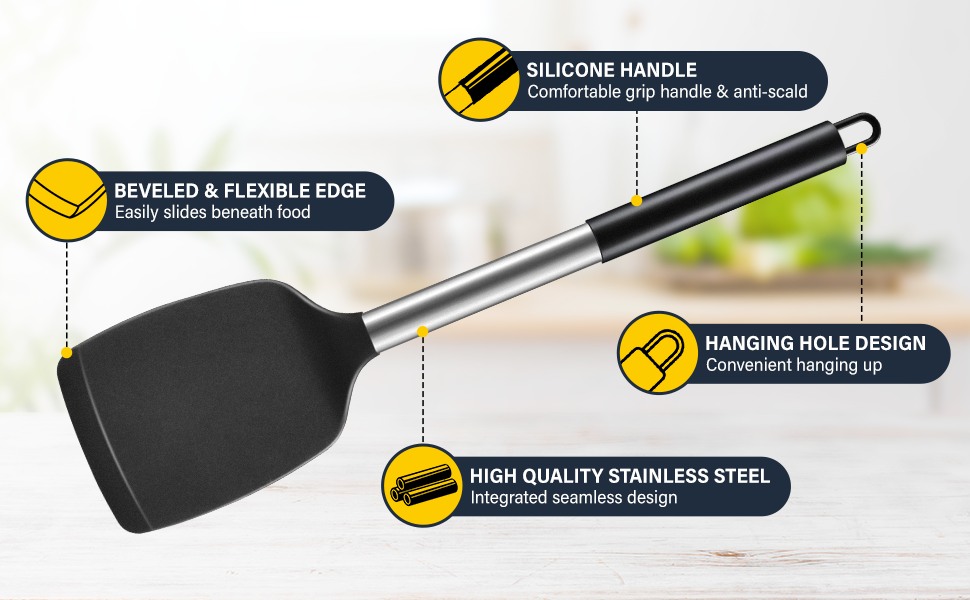 2 Pack Silicone Spatula Set, Solid & Slotted Turner for Non-Stick Pans, High Heat Resistant Silicone Spatula for Cooking, BPA-Free Stainless Steel Cooking Utensils for Fish, Eggs, Pancakes, Black