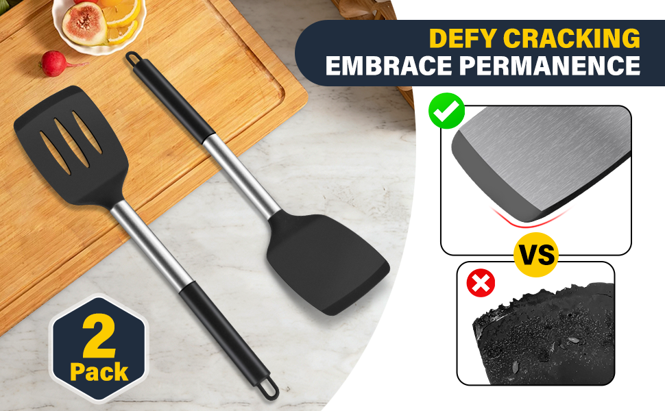 2 Pack Silicone Spatula Set, Solid & Slotted Turner for Non-Stick Pans, High Heat Resistant Silicone Spatula for Cooking, BPA-Free Stainless Steel Cooking Utensils for Fish, Eggs, Pancakes, Black