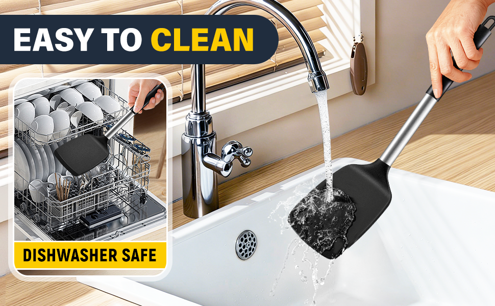 2 Pack Silicone Spatula Set, Solid & Slotted Turner for Non-Stick Pans, High Heat Resistant Silicone Spatula for Cooking, BPA-Free Stainless Steel Cooking Utensils for Fish, Eggs, Pancakes, Black