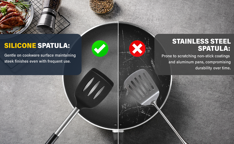 2 Pack Silicone Spatula Set, Solid & Slotted Turner for Non-Stick Pans, High Heat Resistant Silicone Spatula for Cooking, BPA-Free Stainless Steel Cooking Utensils for Fish, Eggs, Pancakes, Black