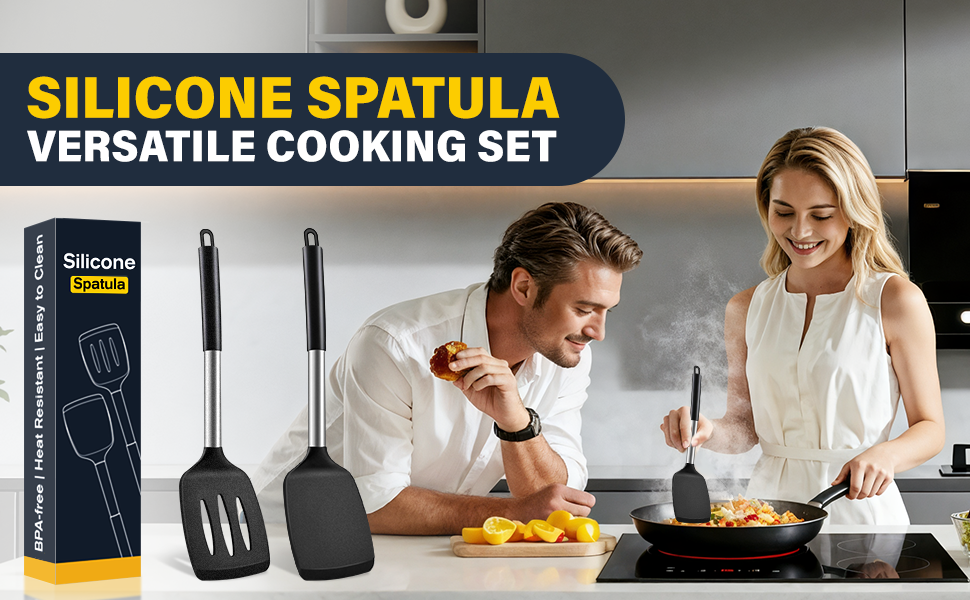 2 Pack Silicone Spatula Set, Solid & Slotted Turner for Non-Stick Pans, High Heat Resistant Silicone Spatula for Cooking, BPA-Free Stainless Steel Cooking Utensils for Fish, Eggs, Pancakes, Black