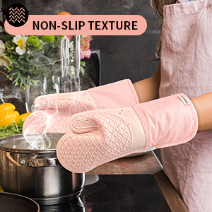 Pink Oven Mits, Heat Resistant, Non-Slip Grip Pattern, Baking Gloves for Oven, Kitchen Pot Holders,1 Pair