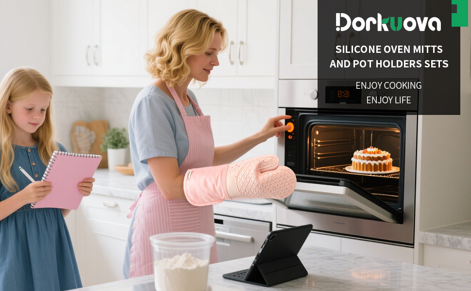 Pink Oven Mits, Heat Resistant, Non-Slip Grip Pattern, Baking Gloves for Oven, Kitchen Pot Holders,1 Pair