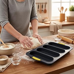 Silicone Baguette Bread Pan Loaf Mold – Sub Bread Roll Pans French Sourdough Mould 4 Slot Non-Stick Sandwich Homemade for Hoagie Restaurant Household Breakfast Dinner Baking, Hot Dog Bun Loaf Food