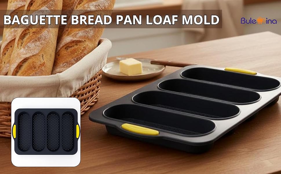 Silicone Baguette Bread Pan Loaf Mold – Sub Bread Roll Pans French Sourdough Mould 4 Slot Non-Stick Sandwich Homemade for Hoagie Restaurant Household Breakfast Dinner Baking, Hot Dog Bun Loaf Food