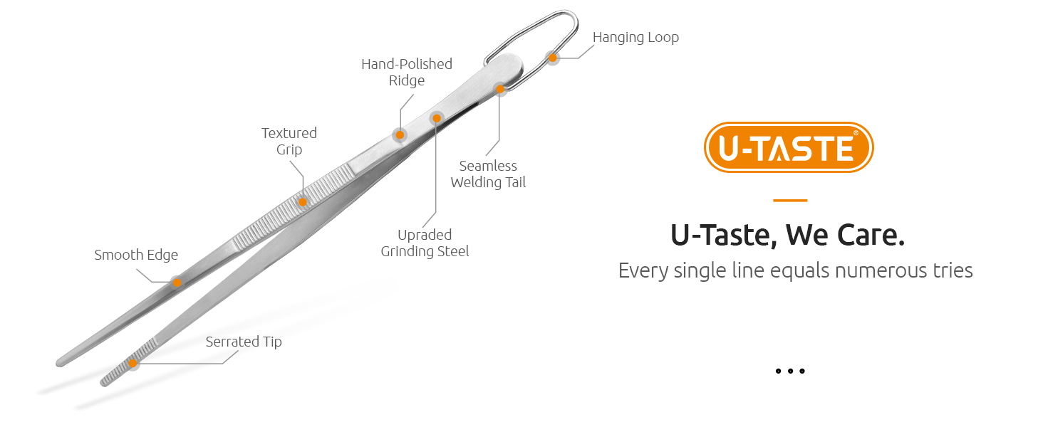 U-Taste 8in Kitchen Plating Tweezer: 18/8 Stainless Steel Food-Grade Metal Food Tong, Seamless-Welding, Sturdy and Flexible with Non-Slip Tips for Serving, Decorating, Cooking, Baking (Pointed Tip)