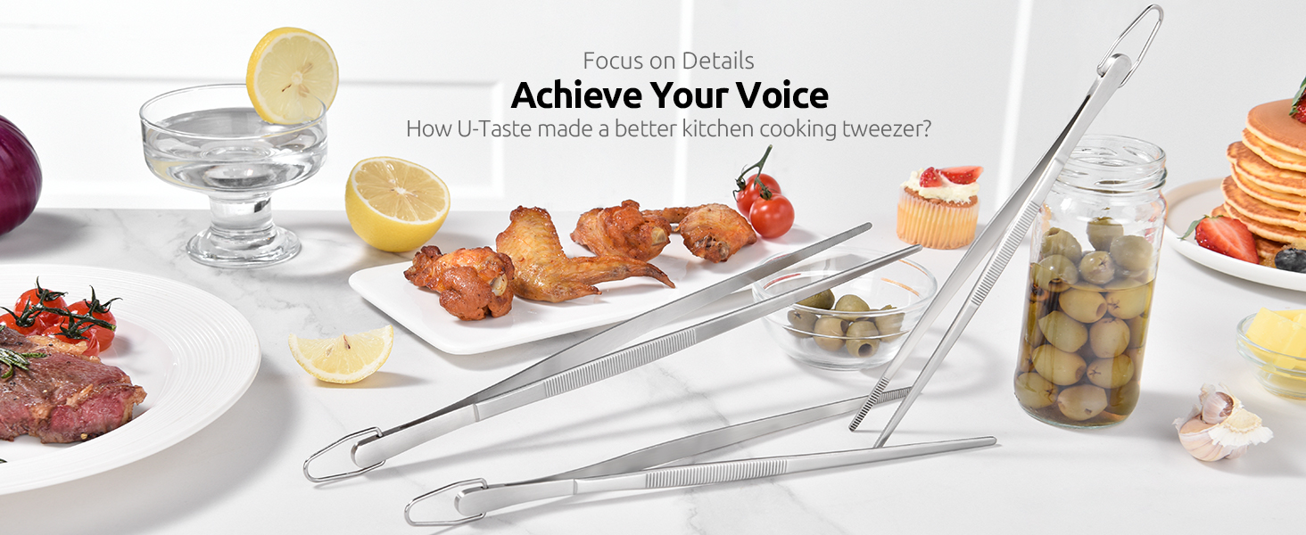 U-Taste 8in Kitchen Plating Tweezer: 18/8 Stainless Steel Food-Grade Metal Food Tong, Seamless-Welding, Sturdy and Flexible with Non-Slip Tips for Serving, Decorating, Cooking, Baking (Pointed Tip)