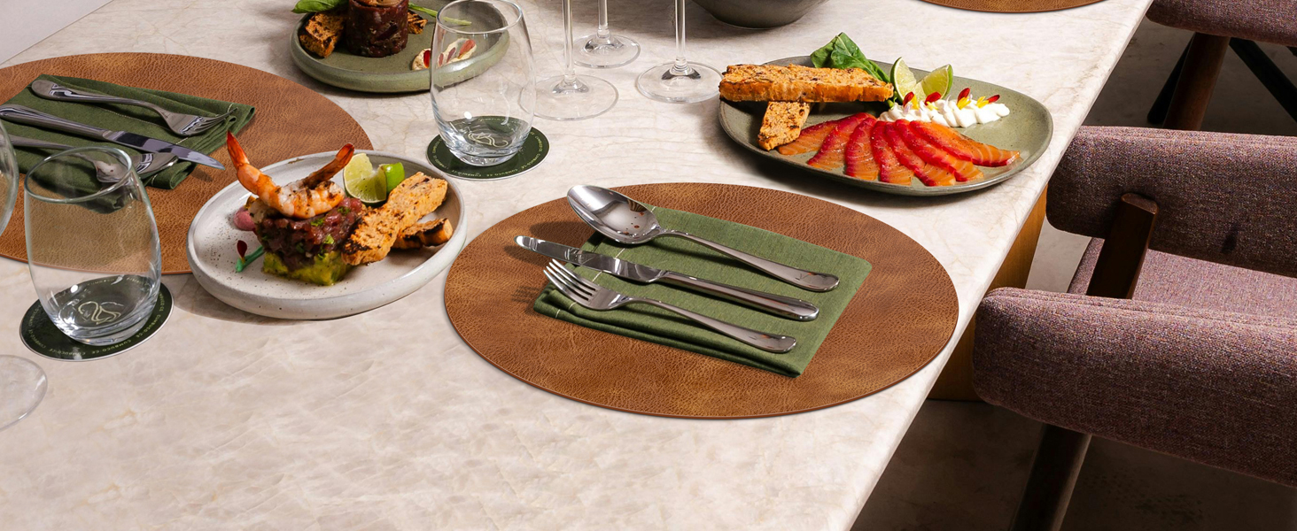 ADRIMER Placemats, Heat Resistant Round Placemats Set of 8 Washable, Waterproof Table Mats, Wipeable Faux Leather Place Mats for Kitchen, Dining Room, Dark Grey