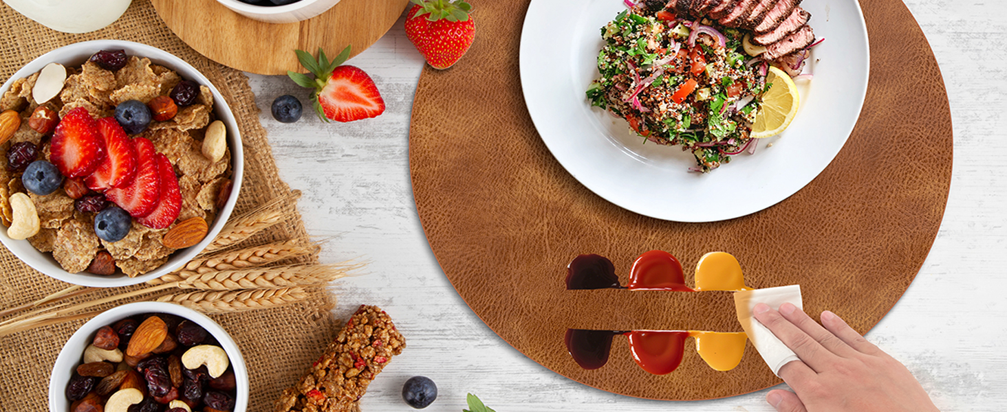 ADRIMER Placemats, Heat Resistant Round Placemats Set of 8 Washable, Waterproof Table Mats, Wipeable Faux Leather Place Mats for Kitchen, Dining Room, Camel