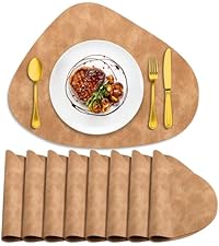 ADRIMER Placemats, Heat Resistant Round Placemats Set of 8 Washable, Waterproof Table Mats, Wipeable Faux Leather Place Mats for Kitchen, Dining Room, Camel