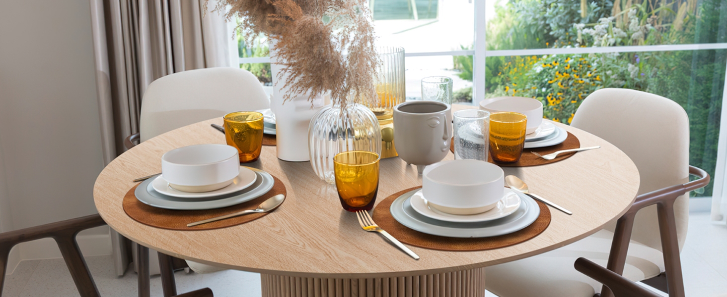 ADRIMER Placemats, Heat Resistant Round Placemats Set of 8 Washable, Waterproof Table Mats, Wipeable Faux Leather Place Mats for Kitchen, Dining Room, Turmeric Brown