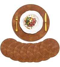 ADRIMER Placemats, Heat Resistant Round Placemats Set of 8 Washable, Waterproof Table Mats, Wipeable Faux Leather Place Mats for Kitchen, Dining Room, Turmeric Brown