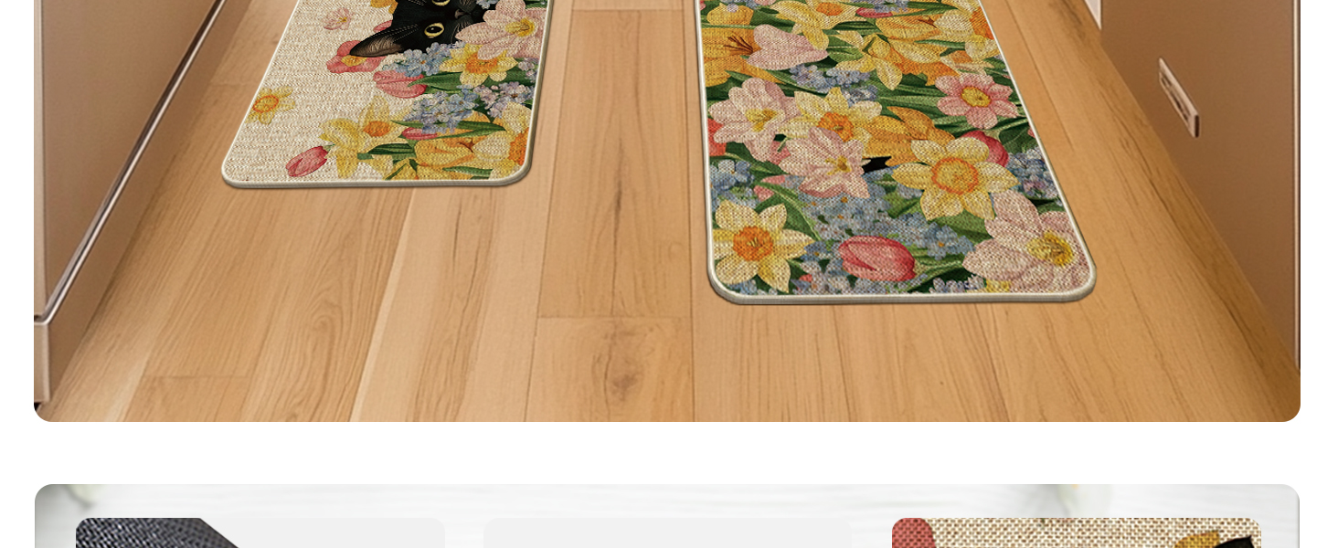 Artoid Mode Black Cat Floral Flowers Spring Kitchen Mats Set of 2, Home Decor Low-Profile Kitchen Rugs for Floor - 17x29 and 17x47 Inch
