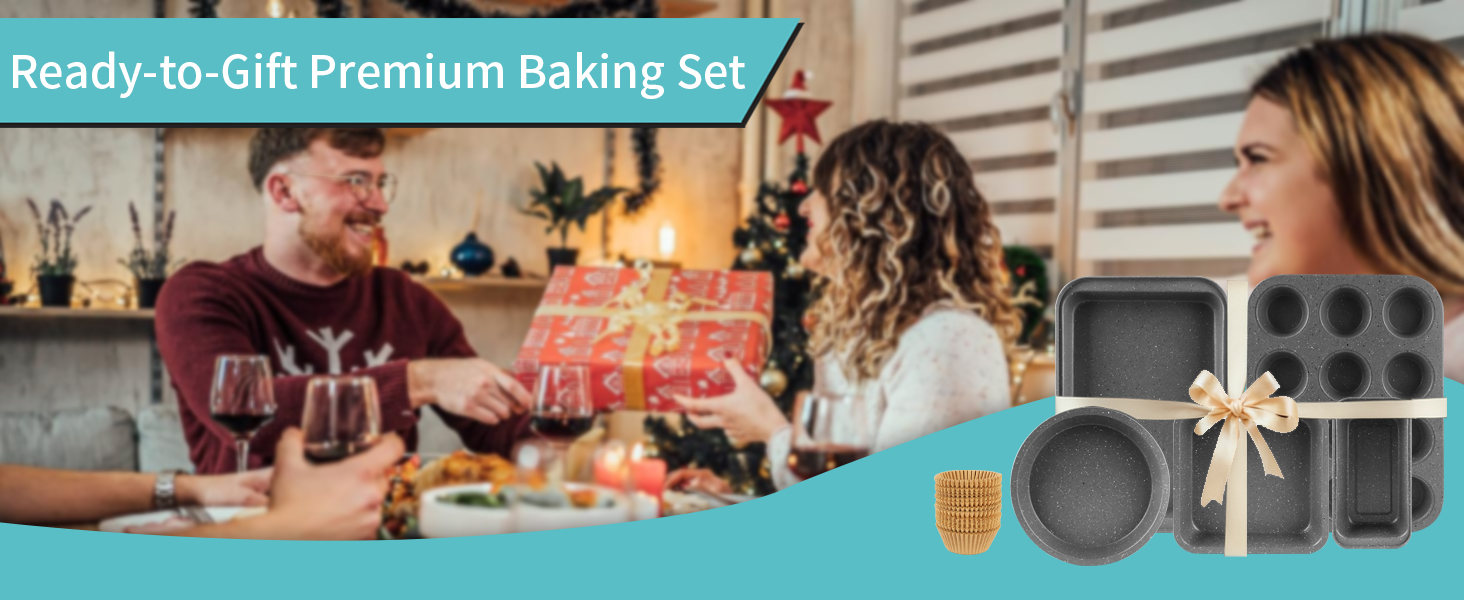 Baking Pans Set, 5 Piece Grey Marble Nonstick Bakeware with 100 Cupcake Liners – Stackable Carbon Steel Set for Small Kitchens, Apartments, Home Baking and Gifts