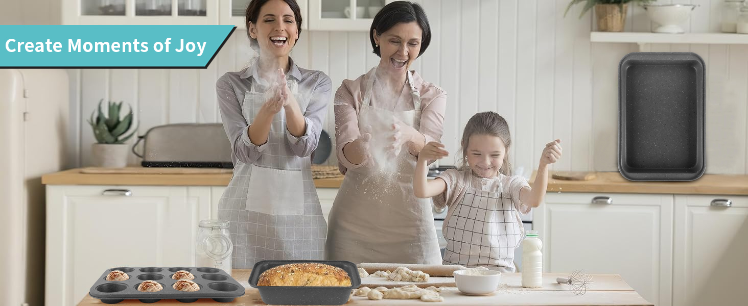 Baking Pans Set, 5 Piece Grey Marble Nonstick Bakeware with 100 Cupcake Liners – Stackable Carbon Steel Set for Small Kitchens, Apartments, Home Baking and Gifts