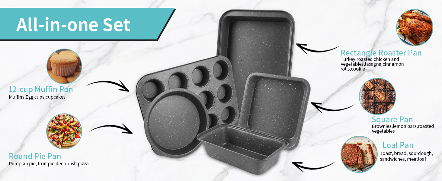 Baking Pans Set, 5 Piece Grey Marble Nonstick Bakeware with 100 Cupcake Liners – Stackable Carbon Steel Set for Small Kitchens, Apartments, Home Baking and Gifts