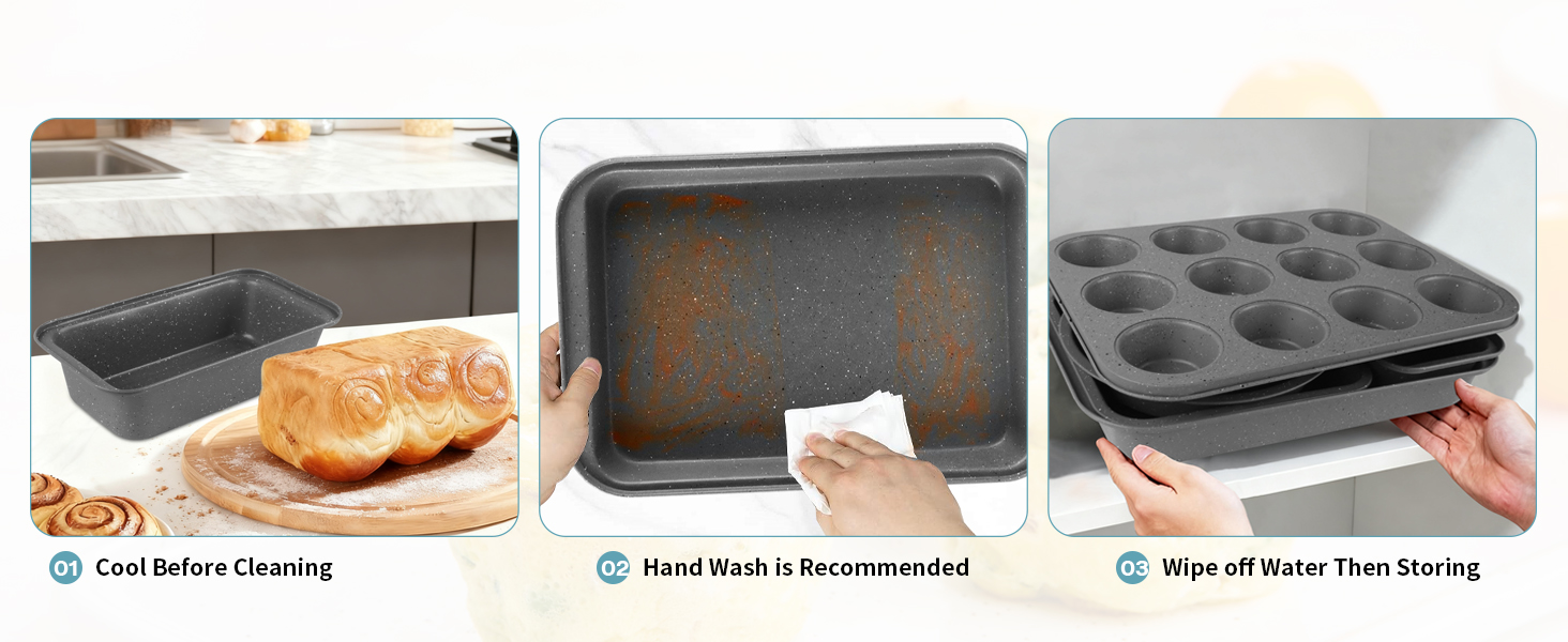 Baking Pans Set, 5 Piece Grey Marble Nonstick Bakeware with 100 Cupcake Liners – Stackable Carbon Steel Set for Small Kitchens, Apartments, Home Baking and Gifts