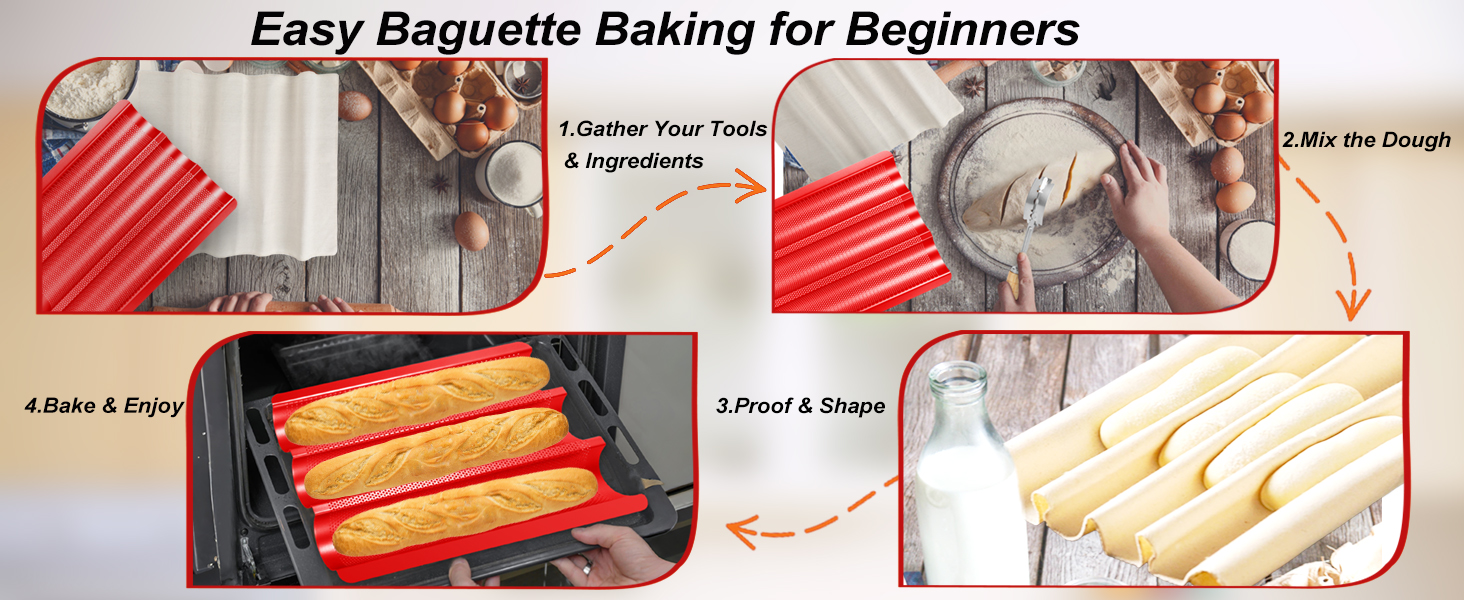 Baguette Bread Pan with Proofing Cloth, Nonstick Perforated French Bread Pan, 3-Wave Carbon Steel Baguette Tray for Baking Baguettes & Rolls, Included Dough Proofing Cloth, Red