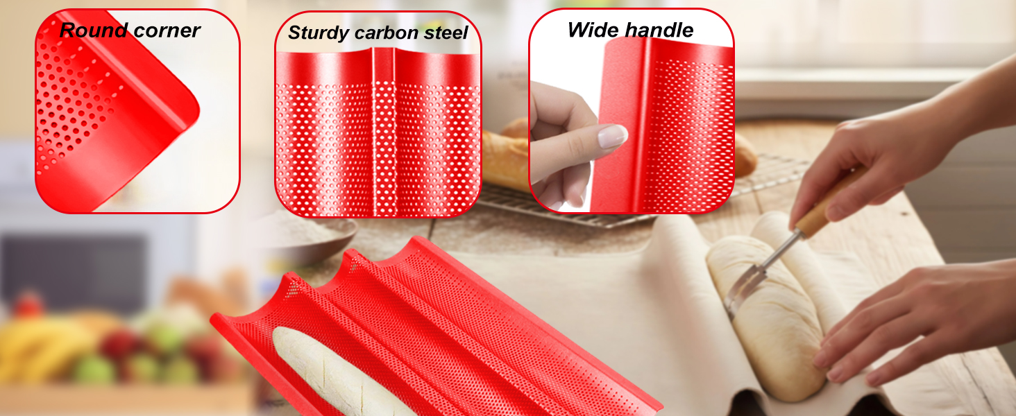 Baguette Bread Pan with Proofing Cloth, Nonstick Perforated French Bread Pan, 3-Wave Carbon Steel Baguette Tray for Baking Baguettes & Rolls, Included Dough Proofing Cloth, Red