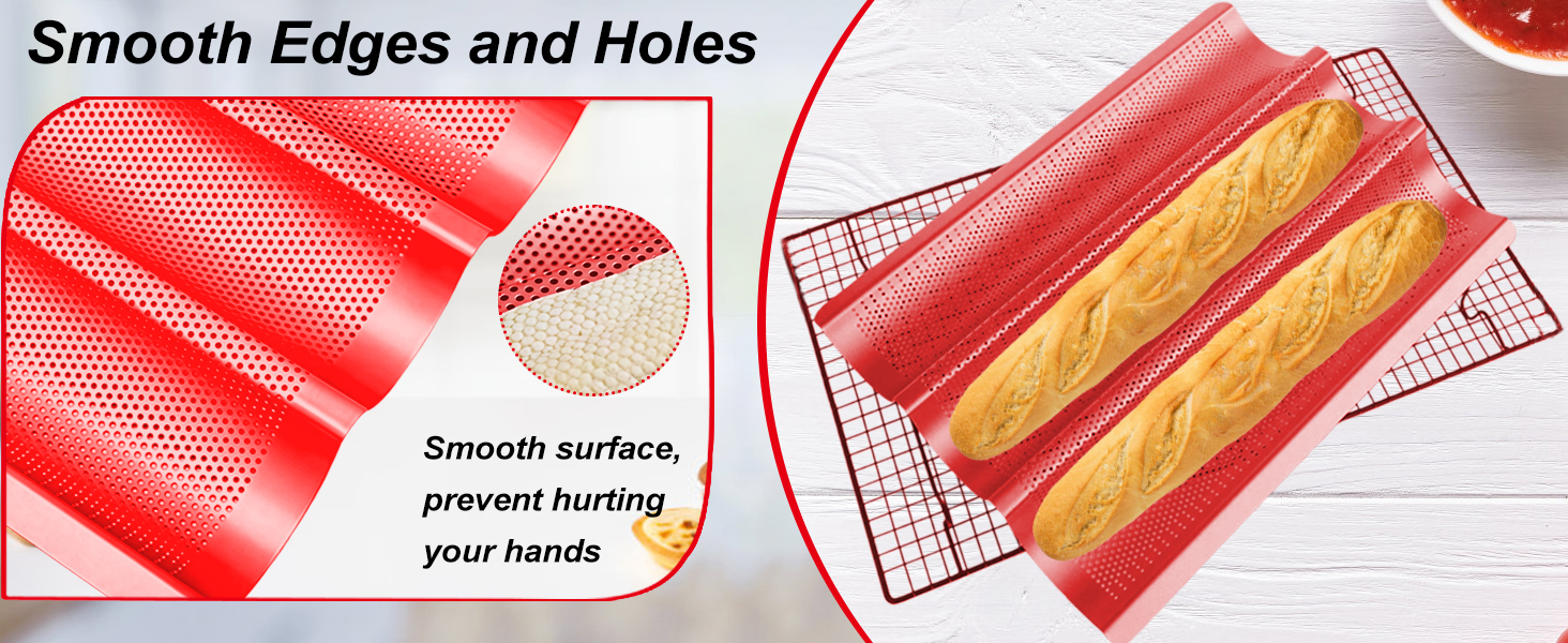 Baguette Bread Pan with Proofing Cloth, Nonstick Perforated French Bread Pan, 3-Wave Carbon Steel Baguette Tray for Baking Baguettes & Rolls, Included Dough Proofing Cloth, Red