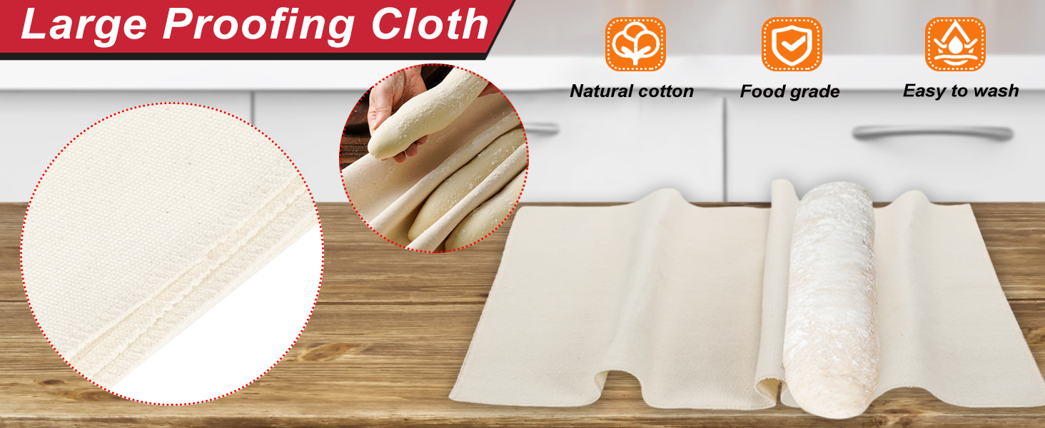 Baguette Bread Pan with Proofing Cloth, Nonstick Perforated French Bread Pan, 3-Wave Carbon Steel Baguette Tray for Baking Baguettes & Rolls, Included Dough Proofing Cloth, Red