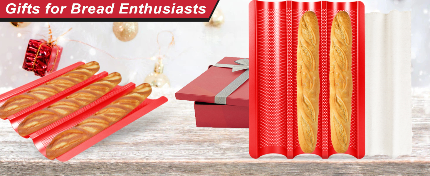 Baguette Bread Pan with Proofing Cloth, Nonstick Perforated French Bread Pan, 3-Wave Carbon Steel Baguette Tray for Baking Baguettes & Rolls, Included Dough Proofing Cloth, Red