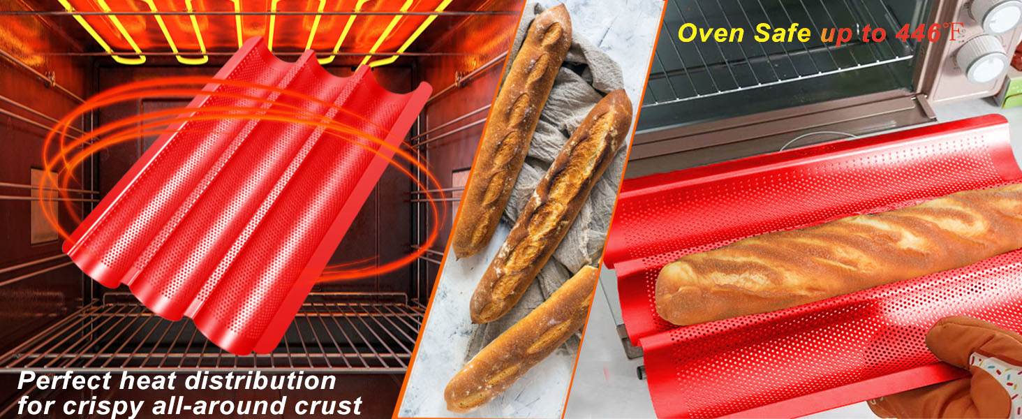 Baguette Bread Pan with Proofing Cloth, Nonstick Perforated French Bread Pan, 3-Wave Carbon Steel Baguette Tray for Baking Baguettes & Rolls, Included Dough Proofing Cloth, Red