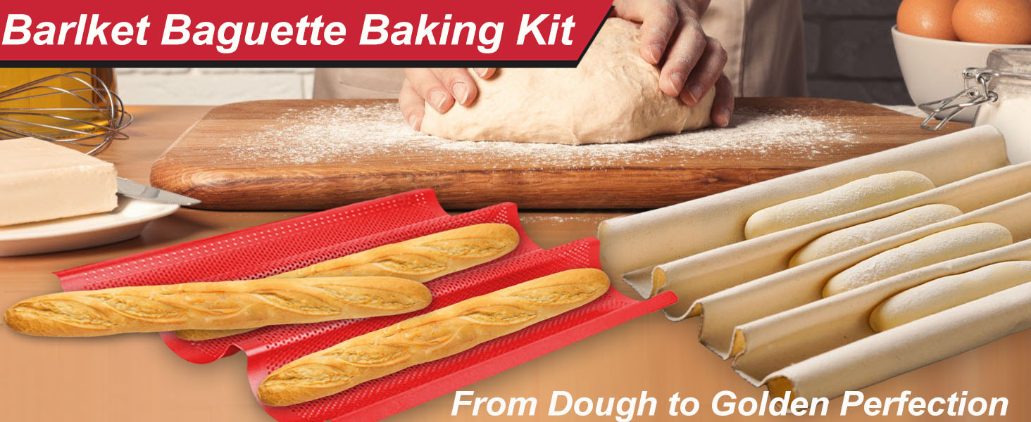 Baguette Bread Pan with Proofing Cloth, Nonstick Perforated French Bread Pan, 3-Wave Carbon Steel Baguette Tray for Baking Baguettes & Rolls, Included Dough Proofing Cloth, Red