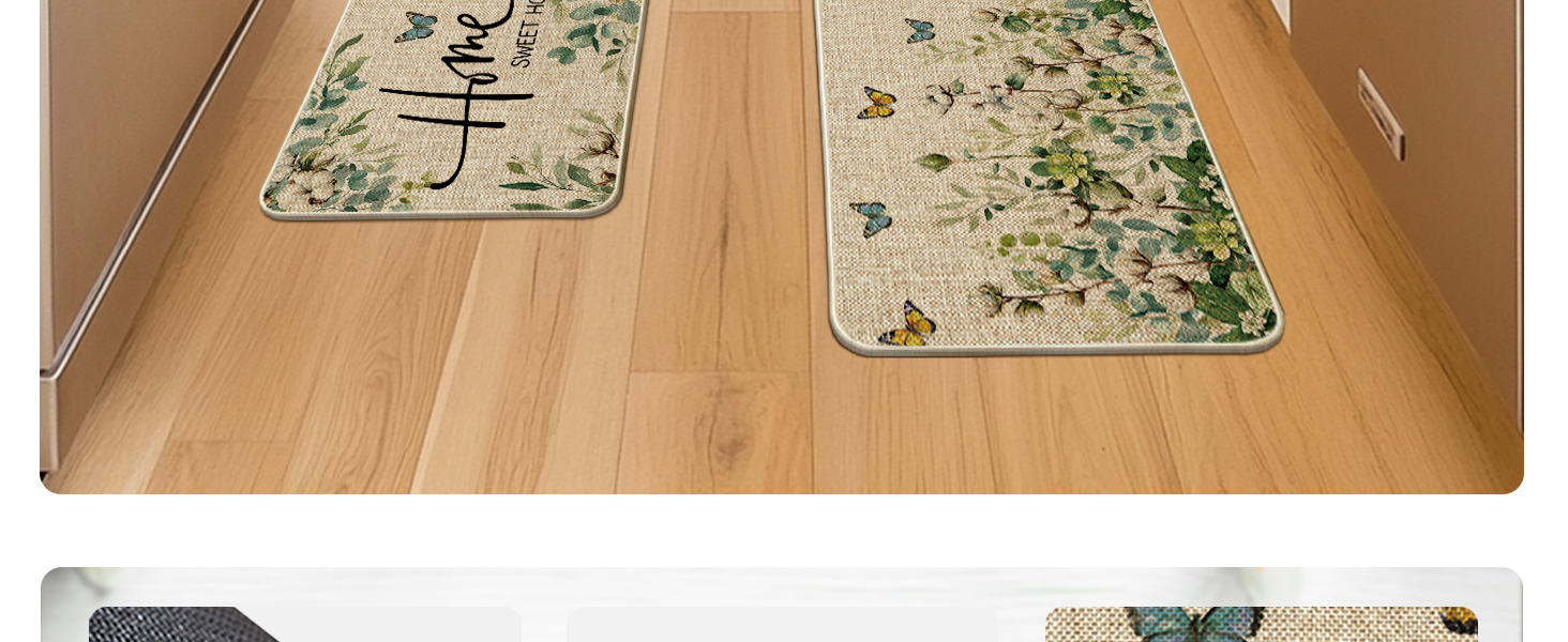 Artoid Mode Cotton Plant Leaf Butterfly Home Spring Kitchen Mats Set of 2, Home Decor Low-Profile Kitchen Rugs for Floor - 17x29 and 17x47 Inch
